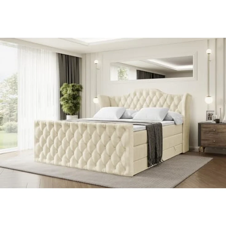 ALTDECOR VILA-Z KING Boxspringbett 180x200 cm, Beige Samt, 2 Matratzen (H3, H4), Topper, Bettkasten und Lattenrost, Polsterbett mit Stauraum – Bild 1