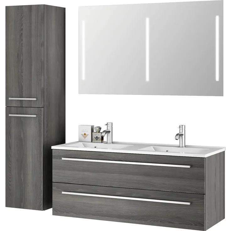 Sieper I Badmöbel Set Libato, Doppelwaschtisch mit Unterschrank 120x50 cm, Hochschrank und Badspiegel I Pinie Schwarz