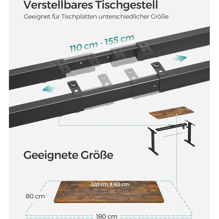 SONGMICS Höhenverstellbarer Schreibtisch elektrisch, Tischgestell, Schreibtischständer mit Motor, stufenlos verstellbar, 120 x 60 x (73-114) cm, Stahl, vintagebraun-schwarz LSD011B01 – Bild 7