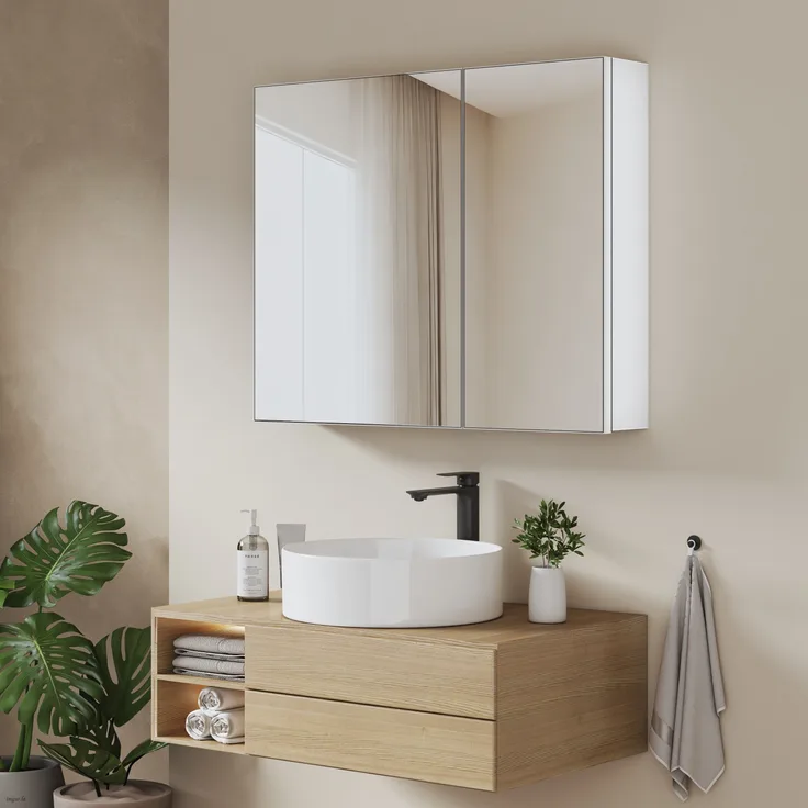 EMKE Spiegelschrank 80 x 65 x 14,5 cm – 2 Spiegeltüren mit integriertem Stauraum, verstellbare Ablagen, mattweiß
