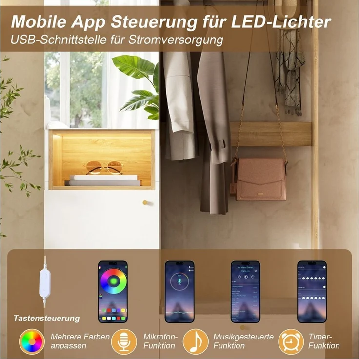 i@home Garderoben-Set Flurschrank mit LED-Beleuchtung & 3 Türen,viel Stauraum,105 x 35 x 180 cm, (Set, 1-St), Garderoben-Set mit Spiegel, Sitzbank, Haken& Kleiderstange, weiß/natur – Bild 2