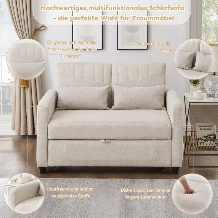 2-Sitzer Schlafsofa ausziehbar Baumwoll-Leinen, verstellbare Rückenlehne, Doppelbett Sofa für Wohnzimmer,Beige – Bild 8