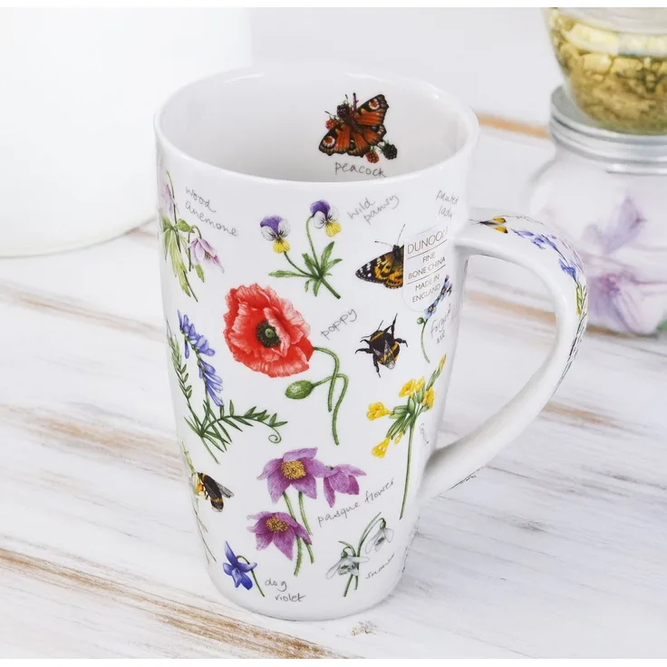 DUNOON Becher Henley Wayside 600 ml Bone China Kaffeetasse 15 cm Teetasse 0,6 l Hochwertige Porzellantasse Elegantes modernes Design mit Blumen und insekten Spülmaschinenfest Geschenk