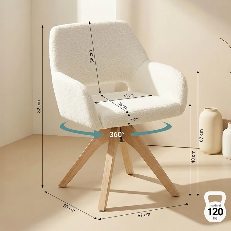 Esszimmerstühle Drehbar Set 4 Stühle für den Esstisch Drehstuhl mit Armlehne Teddystoff Weiß Polsterstühle Sessel Modern – Bild 3