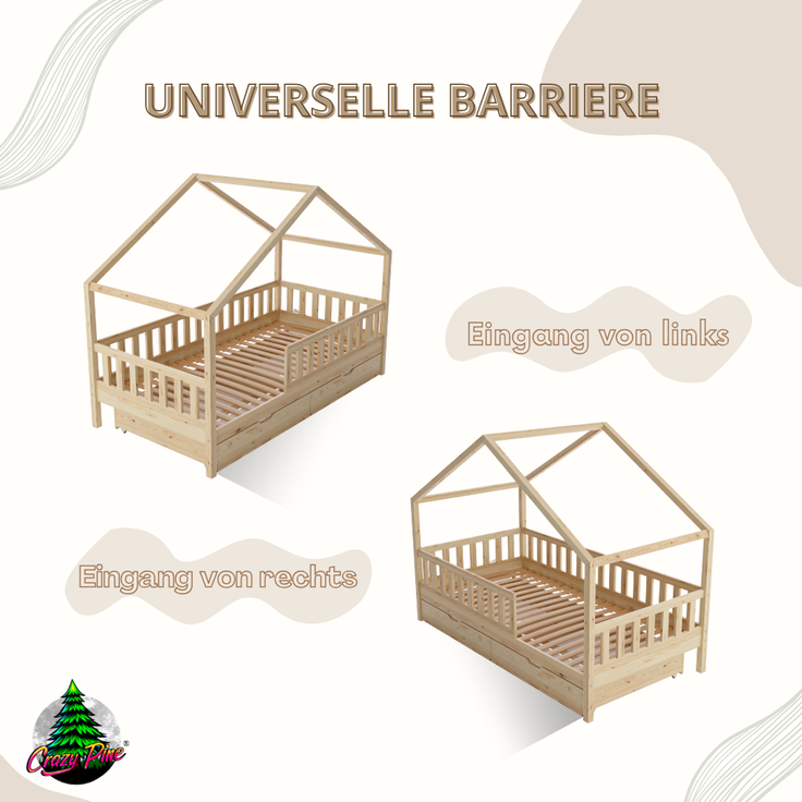 Crazy Pine 'Crazy House' Hausbett mit abnehmbaren Rausfallschutz, Naturholz, Natur, 120x200 cm, mit Schubladen – Bild 8