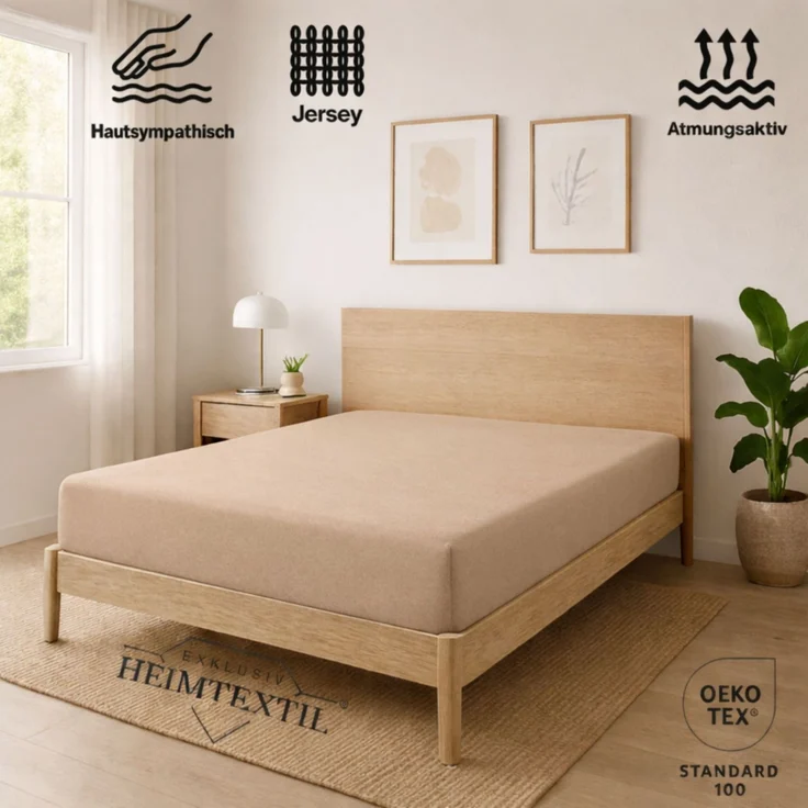 EXKLUSIV HEIMTEXTIL Jersey Spannbettlaken Premium 200 x 220 cm Sand 100% Baumwolle Öko - Tex Zertifiziert Bed-Sheet Bettlaken Spannbetttuch Topper Leinentuch – Bild 2