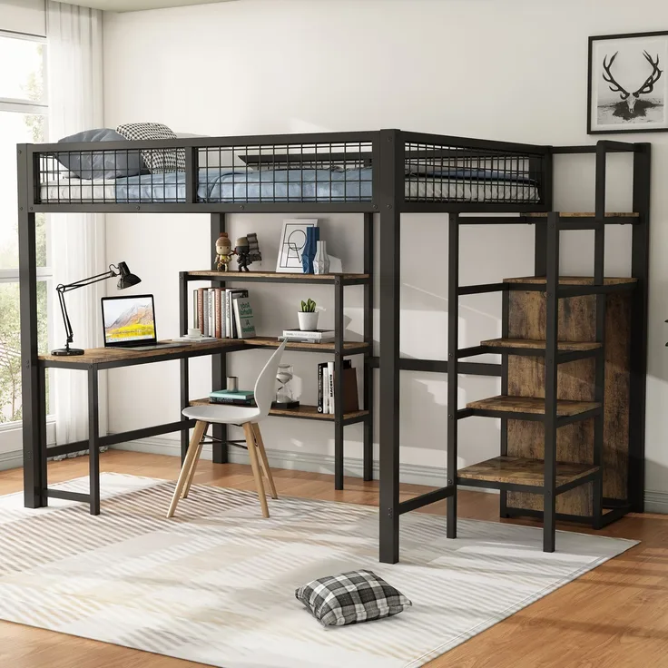 Hochbett, 140*200 cm, Eisenbett, Ablageleiter, mehrere Regale, Ohne Matratze, Einbauschrank, Schreibtisch, schwarz
