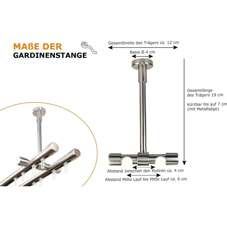 iso-design Gardinenstange Innenlauf 2-läufig Deckenmontage Farbe Edelstahl Endstück Kappe, Ø 20 mm, 2-läufig, Fixmaß, mit Bohren, Metall, Deckenabstand durch Kürzung einstellbar zwischen 7 cm und 19 cm – Bild 3