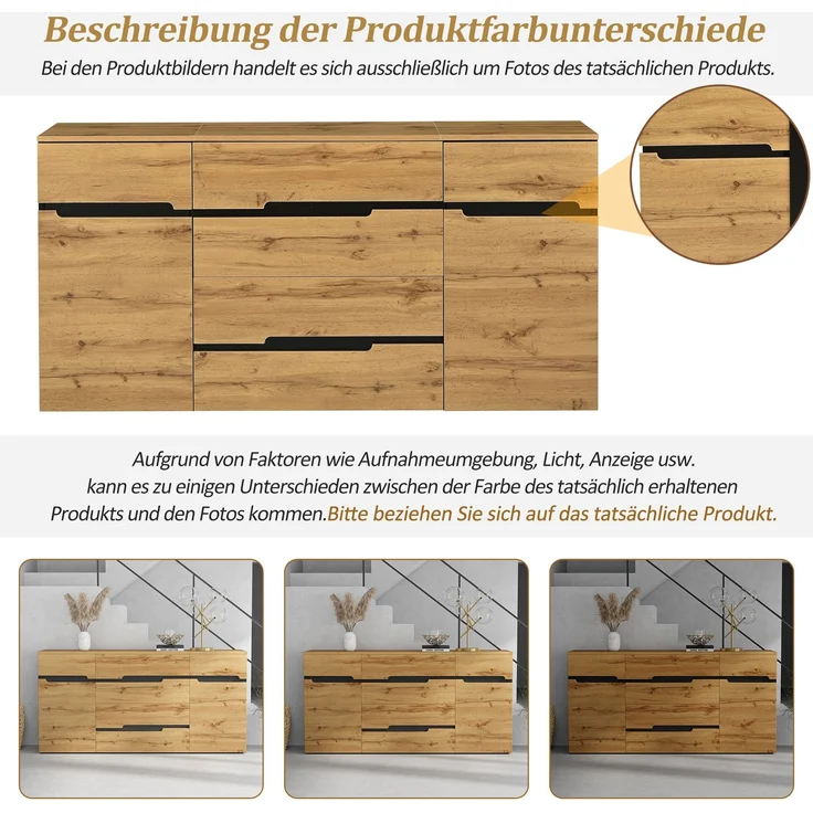 DESVIAE Sideboard mit 2 Türen und 4 Schubladen 160x80x40 cm Spanplatte Holzoptik Schwarz – Bild 6