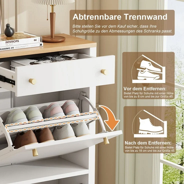 Celya Schuhschrank mit 1 Schublade und 2 Klappen (mit verstellbaren Einlegeböden und Metallgriffen) Ideal für Flur und Eingangsbereich – Bild 4