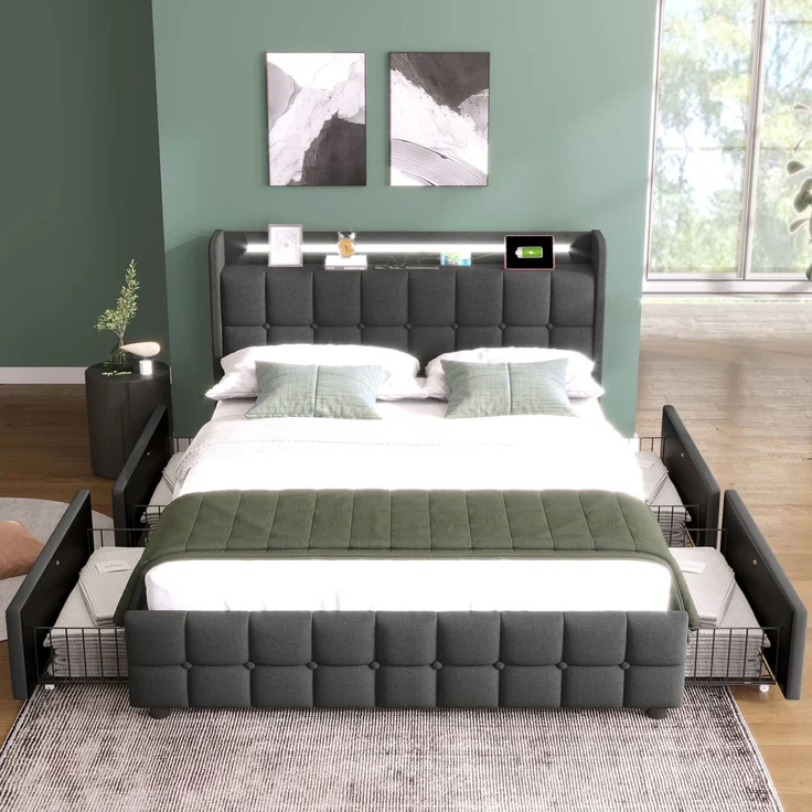 Einzelbett 140 × 200 cm mit Steckdosen,USB-Anschlüssen und LED-Beleuchtung,4 Schubladen,Leinenbezug in Grau,inklusive Matratze – Bild 3