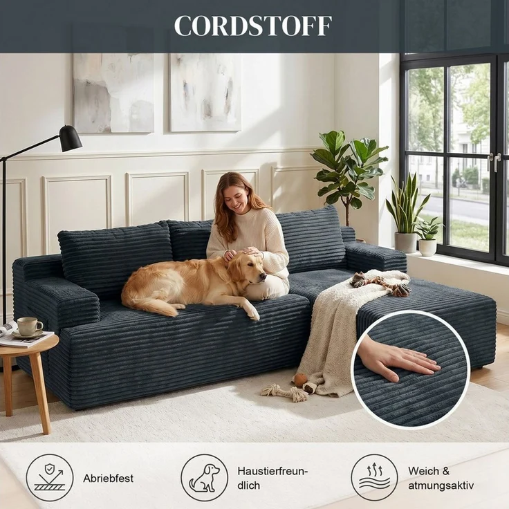 ANYSUN Ecksofa Couch L-Form, mit Liegeflache 3-Sitzer Ecksofa, Cord-Schlafsofa, Modulares Ecksofa, Loungesofa, Links / Rechts Chaiselongue Sofa,keine Montage erforderlich, modulares Schlafsofa für Wohnzimmer, Schlafzimmer, Wohnung und Büro – Bild 3