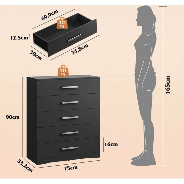 WLIVE Kommode mit 4/5 Schubladen, Moderne Schubladenkommode (Packung, Modernes Sideboard mit 5 Schubladen und 4 Fächern, Breite 75 cm), Vielseitiger Schubladenschrank für Schlafzimmer, Flur & Kinderzimmer