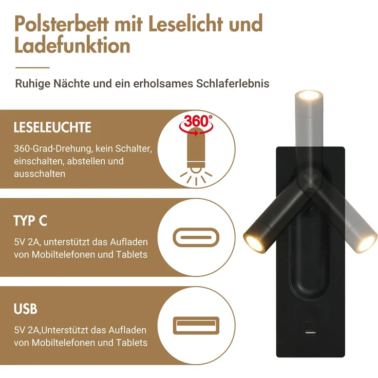 Polsterbett 160x200 mit Stauraum, Systembett Grau, LED & 2 Leselampen, 2 integr, Nachttische, USB Type-C Ladeport, Leinenstoff, inkl, Lattenrost, ohne Matratze – Bild 6