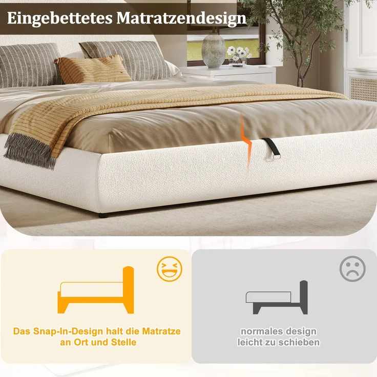 Polsterbett, Doppelbett, 180*200cm, hydraulisches Funktionsbett, Bett mit Lattenrost, Kopfteil und großem Stauraum, gepolstertes Kopfteil, Weiß Bouclé – Bild 5