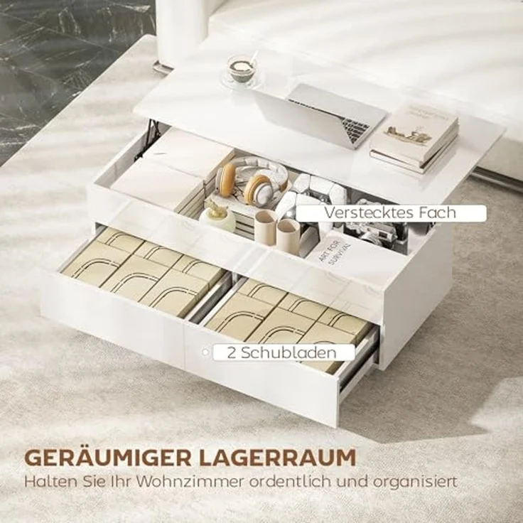 HOMCOM Couchtisch mit Hebeplatte und Schublade (Packung, 1-St, 1 Tisch), Tischplatte höhenverstellbar, Stauraum – Bild 5