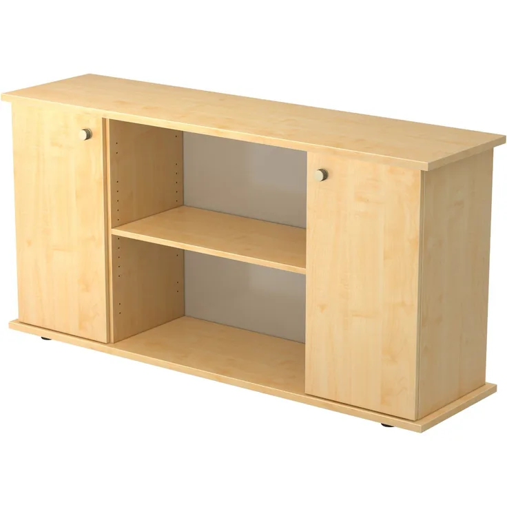 bümö Sideboard Ahorn mit Flügeltüren & Regal - Büromöbel Sideboard Holz 166cm breit, 45cm schmal, Büro Schrank für Flur oder als Wohnzimmer-Kommode mit Streifengriff, SB2T-3-3-SG