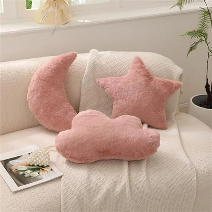 Kuschelkissen Kinder Sternkissen Weiche Flauschige Mond Wolken Sternform Zierkissen Sofakissen, Plüsch Kissen Dekokissen für Kinderzimmer Schlafzimmer Deko (Rosa Wolke 44 cm) – Bild 3