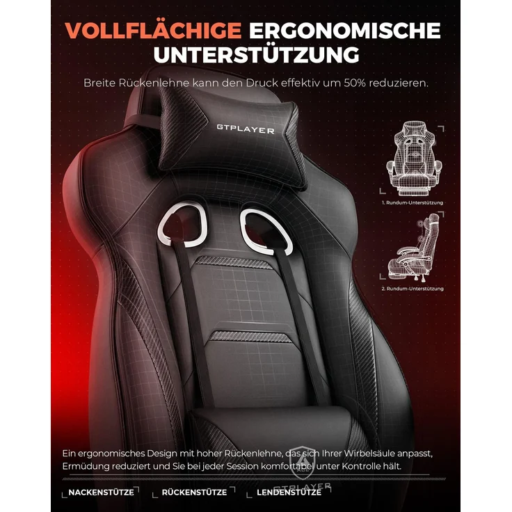 GTPLAYER Gaming Stuhl mit Fußstütze, Ergonomischer Bürostuhl 180kg, Schwerlast Gaming Sessel mit Lendenwirbelstütze und Kopfstütze, Höhenverstellbarer Computerstuhl, Gepolstert, neigbare 155°, schwarz – Bild 5