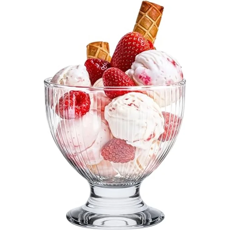 KONZEPT Eisschale Eisbecher Glas Set, Glasschale mit Fuß 405 ml, Glas Geriffelt für Eis, (4-tlg), Perfekt für Schichtdessert, Candy Bar Zubehör