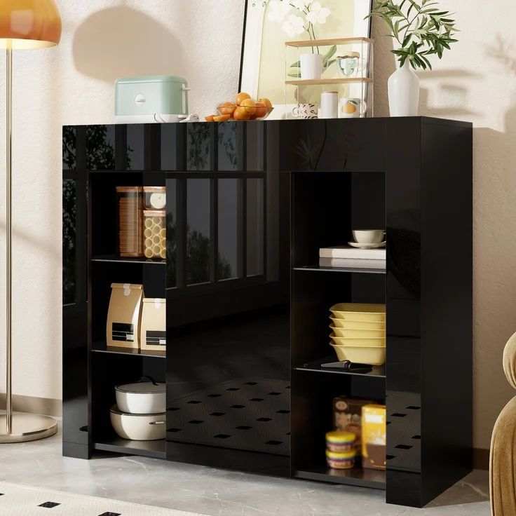 DESVIAE Sideboard mit Glaseinlegeböden und Tür 95x83x35 cm Spanplatte Schwarz – Bild 5