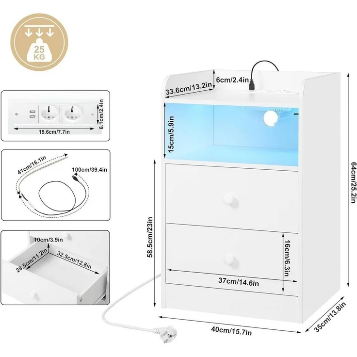 Woltu Nachttisch (1-St), Ladefunktion LED-Licht, 2 Steckdosen 2 USB – Bild 2