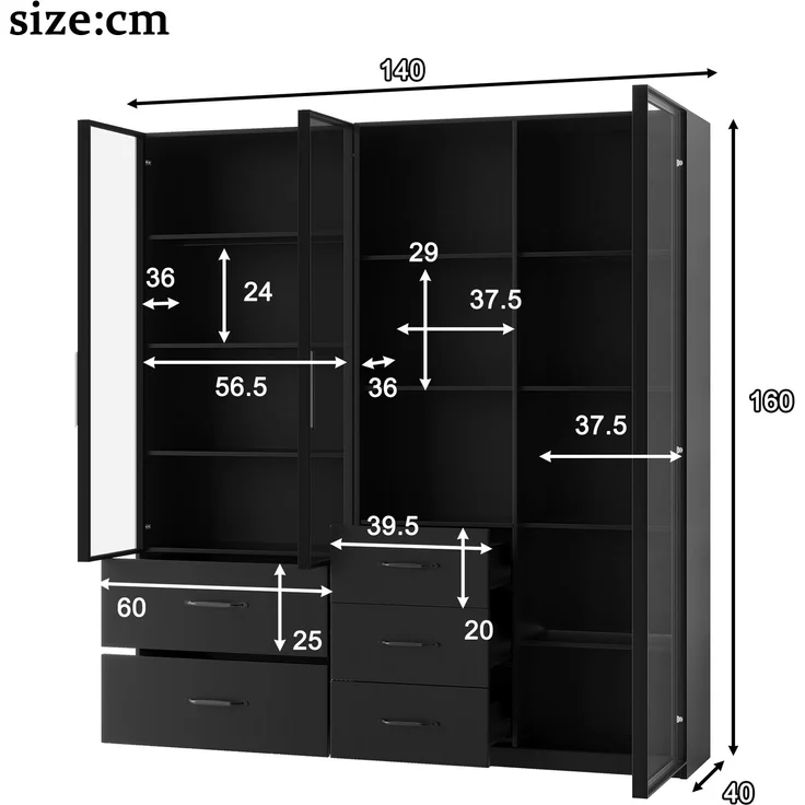 ZUBALIYA LED-Vitrine 140×40×160 cm – Bücherregal und Multifunktionsschrank mit Glas- und offenen Fächern, sanft schließenden Scharnieren, mehrfarbiger LED-Beleuchtung, staubdichter Glasvitrine,Bücherregal – Bild 6