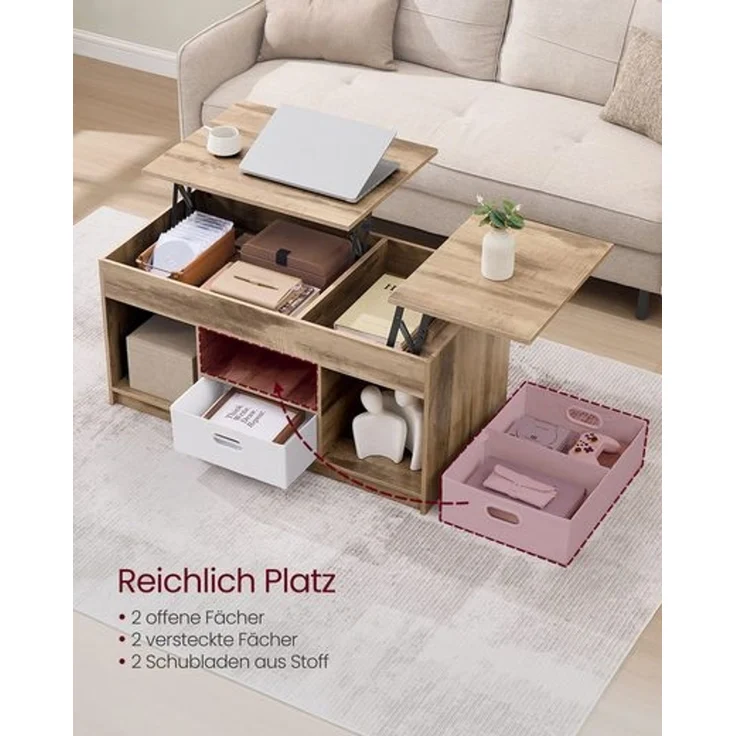 VASAGLE Couchtisch höhenverstellbar, Wohnzimmertisch, 2 Schubladen, versteckte Fächer, Kaffeetisch, offener Stauraum, braun-weiß – Bild 3