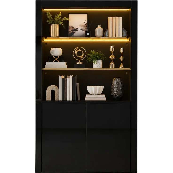 DESVIAE Hochschrank mit LED-Beleuchtung 100x170x35 cm MDF, Glas und Spanplatte Schwarz – Bild 7