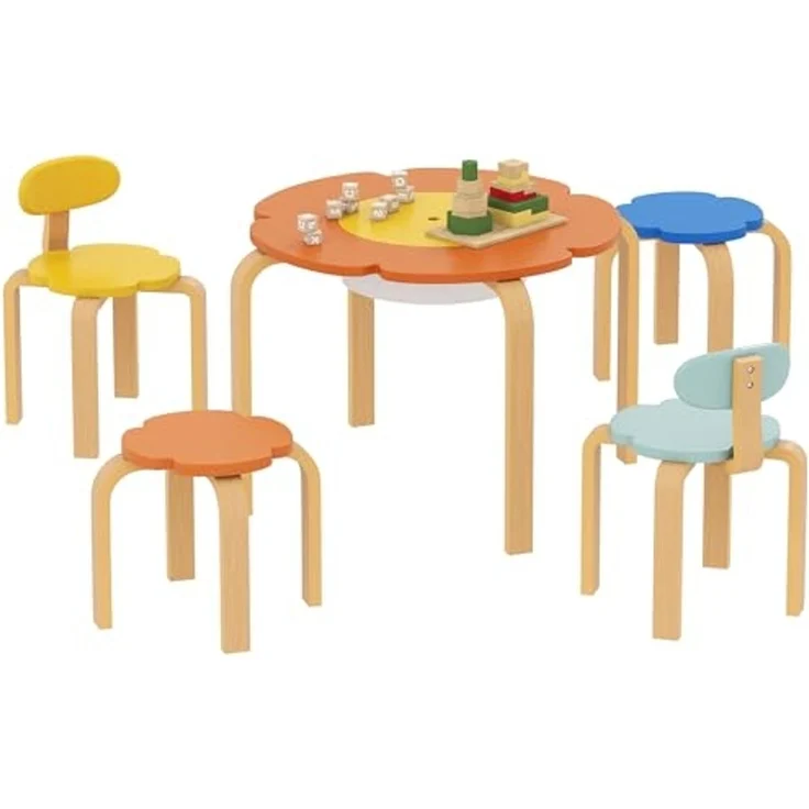 AIYAPLAY Kindersitzgruppe für Kinder von 3 bis 8 Jahren, (Kindermöbel, 5-tlg, 5-teiliges Set mit Tisch, Stühlen und Hockern), Blumenform, Mehrfarbig – Bild 1