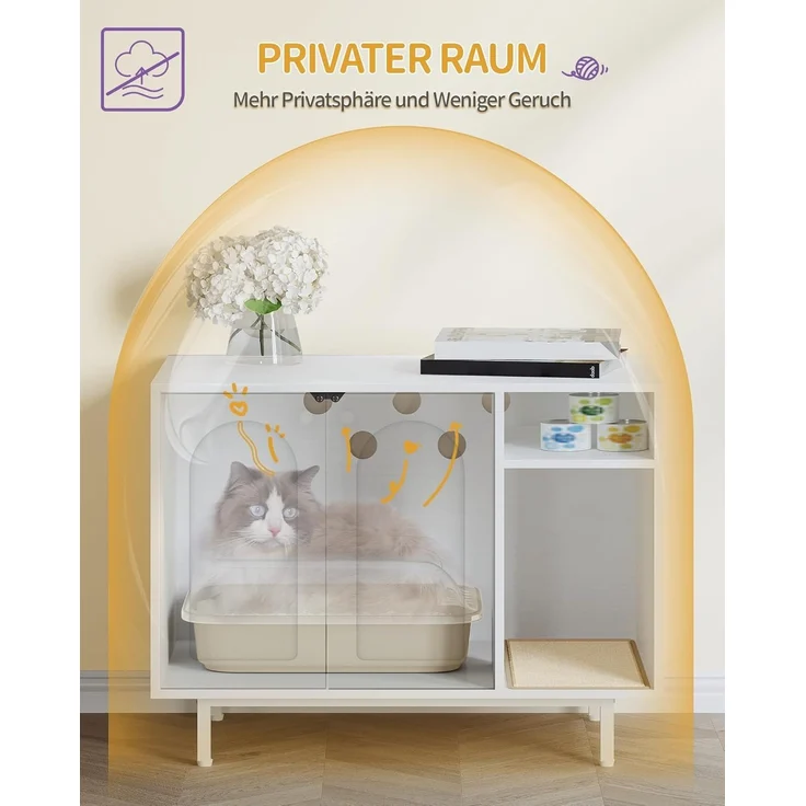 Katzenschrank, Katzentoilette, Katzenklo Schrank, Katzenhaus mit Tür und separater Trennwand, 80 x 50 x 61 cm, Stabile Katzenschrank, Sitzbank, Weiß – Bild 3