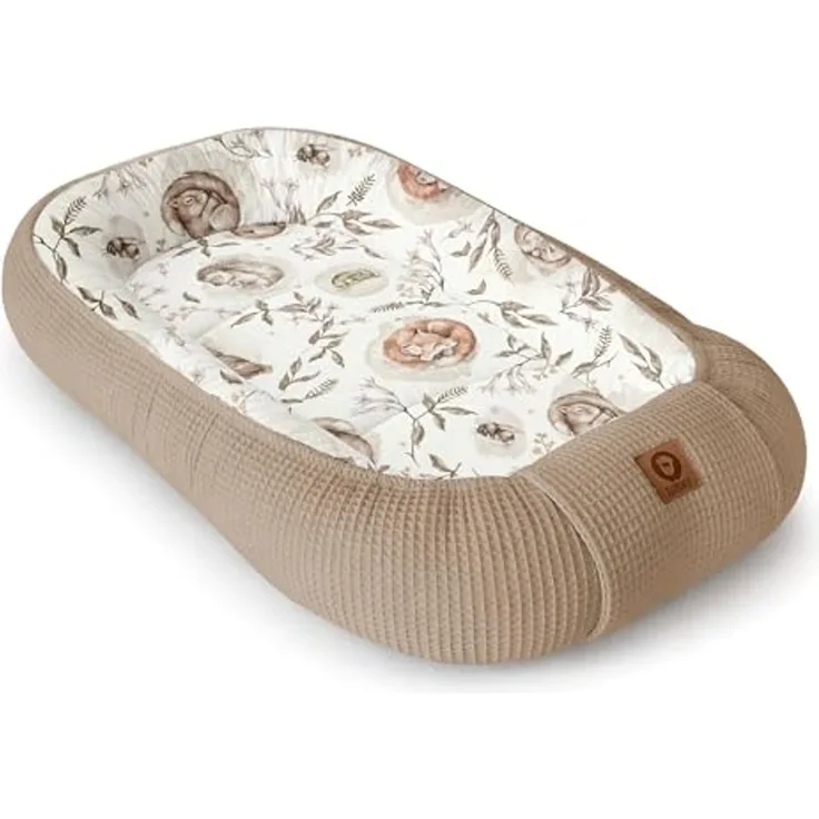 Babynestchen Neugeborene – Nestchen Baby aus Waffel Baumwolle & Baumwollstoff – Babynest für Babybett & Kinderbett – Baby Kokon Tragbar – OEKO-TEX – Zubehör für Babybett - Schlafende Tiere und Braun