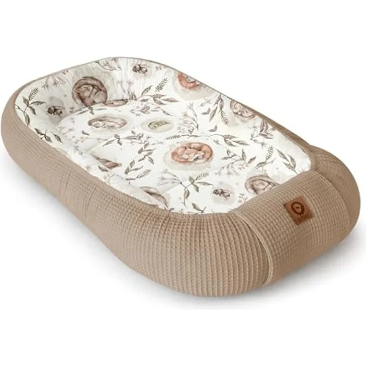 Babynestchen Neugeborene – Nestchen Baby aus Waffel Baumwolle & Baumwollstoff – Babynest für Babybett & Kinderbett – Baby Kokon Tragbar – OEKO-TEX – Zubehör für Babybett - Schlafende Tiere und Braun – Bild 1