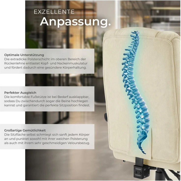 tectake Chefsessel Bürostuhl, Belastbarkeit 120 kg, dicke Polsterung mit weichem (Schreibtischstuhl Jillien, 1 St), Ergonomische Form, um 360° drehbar, stufenlos höhenverstellbar – Bild 3