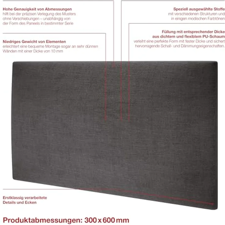 MOLLIS Polsterplatte, Rechteckiges und Dekoratives Wandpaneel, Geeignet als Bettkopfteil oder Aufprallschutz, Reduziert Schall und Verbessert Akustik, aus Schaumstoff, 60 x 30 cm, Graphitbraun – Bild 4