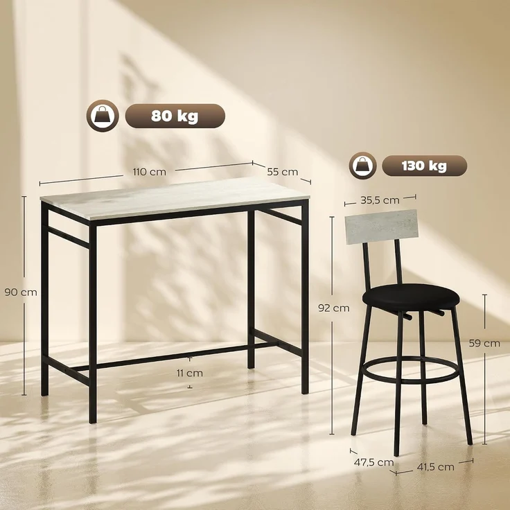 HOMCOM Bartisch Set, Stahl, MDF, Hellgrau, 110L x 55B x 90H cm – Bild 6