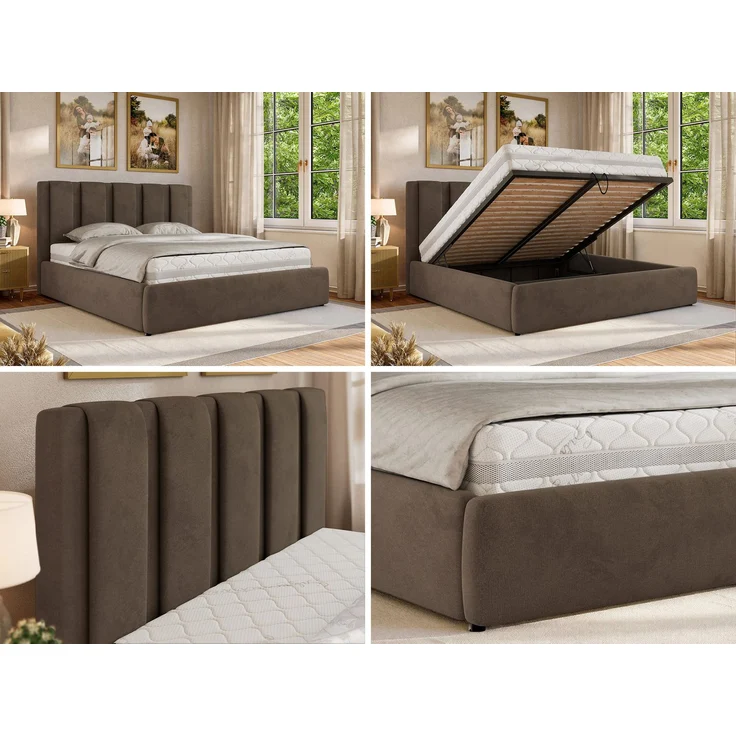 Polsterbett SAVINO CLASSIC mit Bettkasten und Lattenrost Doppelbett 180 x 200 cm mit hohem Kopfteil Stauraumbett Bett mit Gasdruckfeder - Braun Velvet - Pocket Matratze - VIRE LUX – Bild 2