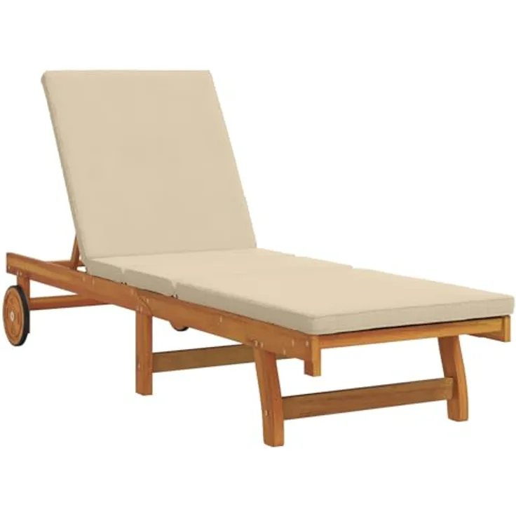 vidaXL Sonnenliege aus massivem Akazienholz, verstellbar mit Rädern und wasserfestem Kissen, beige