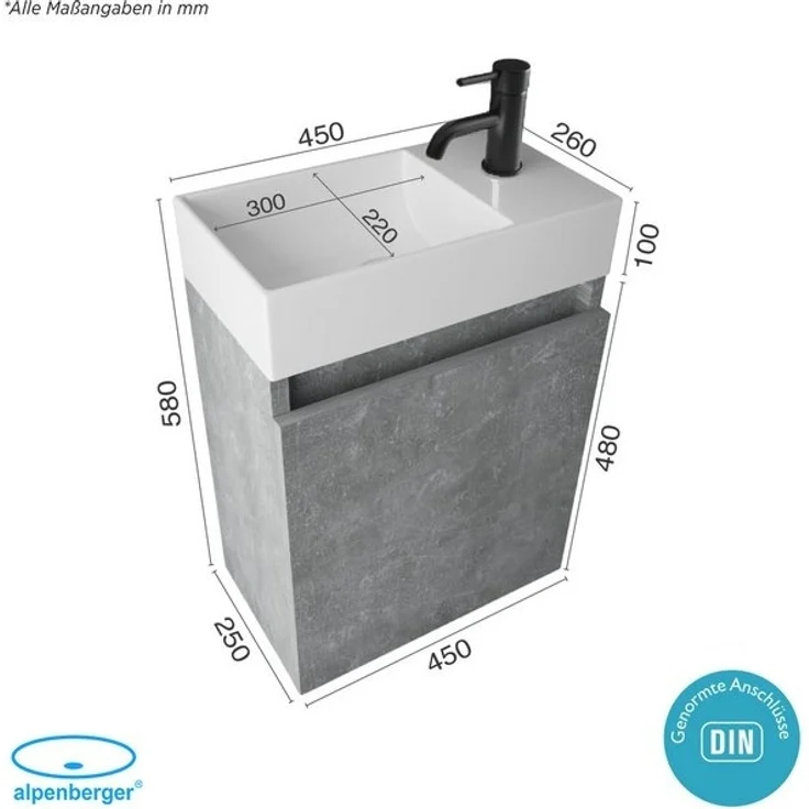Alpenberger Badmöbel-Set Gäste WC Waschbecken mit Unterschrank - Badschrank Hängend, (Waschbeckenunterschrank mit Softclose, 2-tlg. Waschtisch Set Cement), Waschplätze für Kleine Bäder - Badschrank Hängend + Vormontiert – Bild 4