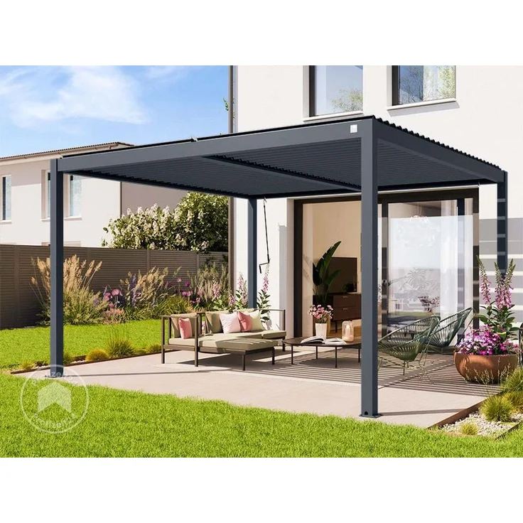 PRIMEYARD Pergola 4x4 m Aluminium-Pfosten mit Lamellendach aus Stahl anthrazitfarbene Terrassenüberdachung – Bild 2