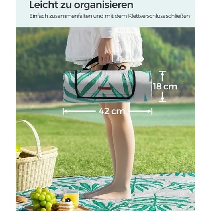 Songmics Picknickdecke, 200x200 cm, groß, Campingdecke, für Park, Garten, Strand, wasserdicht, maschinenwaschbar, faltbar, grau mit tropischem Farn GCM001G02 – Bild 3