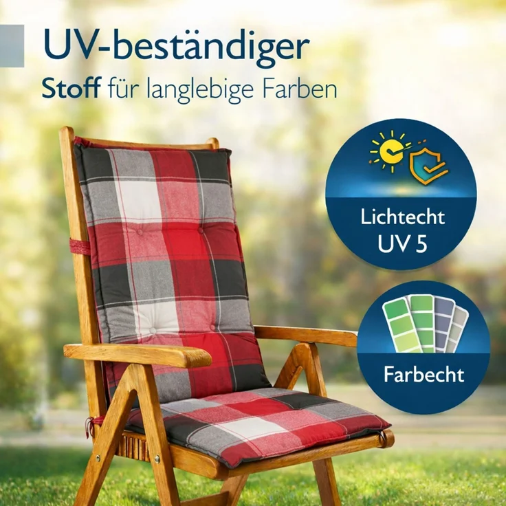 BURI 2x Hochlehner Auflage 120x50x5,5 cm - wetterfeste Gartenstuhlauflage mit Schaumkern & Vollvlies, Halteband & Bindebänder, bequemes Stuhlpolster für Balkon, Terrasse & Garten (Rot/Grau Kariert) – Bild 5