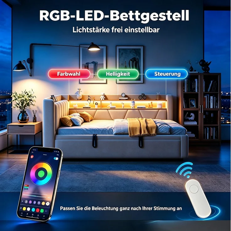 Ausziehbett mit Samtbezug, USB-Anschluss & LED, 90x200 cm, Beige, ohne Matratze – Bild 8