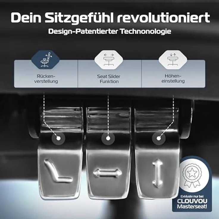 Clouvou MasterSeat Drehstuhl, Schwarz, Textil, ergonomisch, IGR-zertifiziert, höhenverstellbar mit 4D-Armlehnen und Phantom Wheels – Bild 3