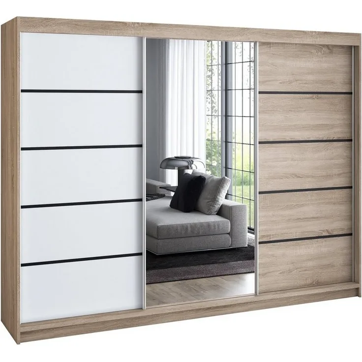 A&J MöbelLand GmbH Schiebetürenschrank VILUNO 1 mit 4 Schubladen und Spiegel (TOP ANGEBOT! Geräumiger Schrank mit einer Breite von 200 cm und Spiegel, ideal zur Aufbewahrung von Kleidung und Accessoires. 4 Schubladen und viel Stauraum. TOP PRODUKT! Wäh...