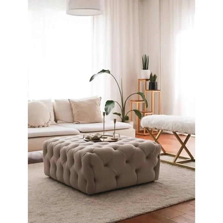 Atelier Del Sofa Stylish Cream Pouffe, 80 x 80 x 40 cm | 100% Metal Frame, Babyface Fabric | Perfect for Modern Living Rooms & Cozy Spaces, Durable & Chic Design