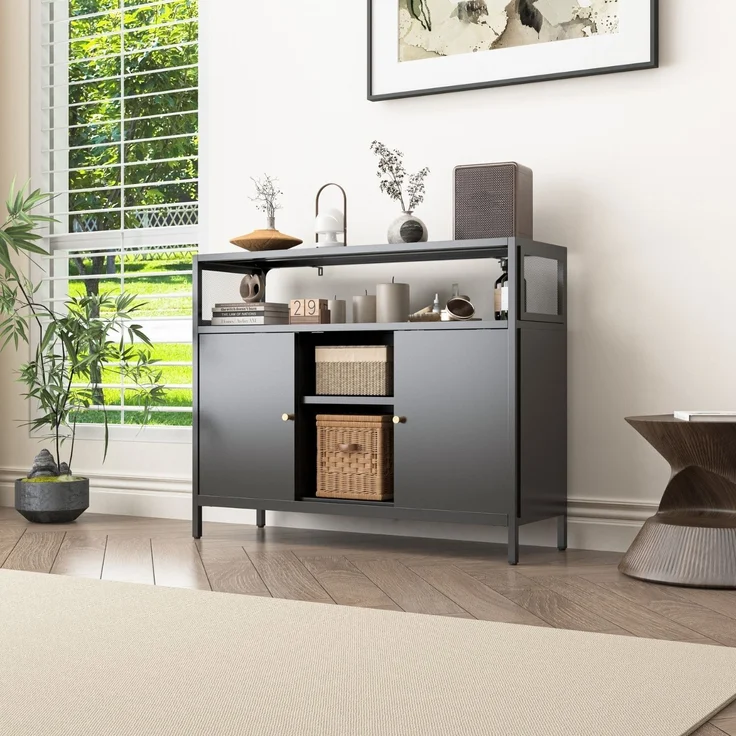 Mein-Regal Sideboard Mesh aus Metall mit Ablage und 2 Schiebetüren Schwarz – Bild 1