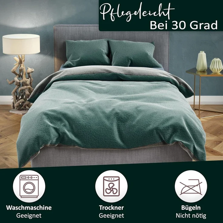 Moderne Plüschbettwäsche mit Reißverschluss - einfarbig, wendbar & warmhaltend Grün 200x220cm + 2x 80x80cm Kissenbezug – Bild 4