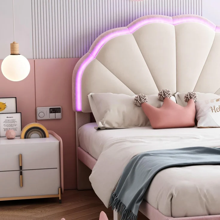Ball & Cast Kinderbett (90x200 cm) mit Lichtstreifen, Polsterbett mit Wellengestriftem Kopfteil aus Samt, Einfach & Zeitsparend Montierbar, Beige+Rosa – Bild 6