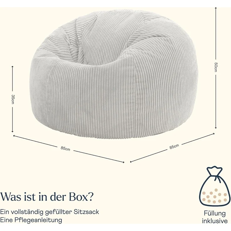 icon Kingston Großer Sitzsack, Jumbo Cord Sitzsack, Dawn Grey, Sitzsack für Erwachsene mit Füllung inklusive, Bequemer Lounging Chair für jedes Alter – Bild 3